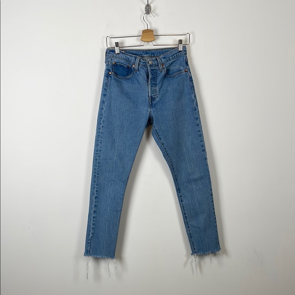 Levis 501 S Classic Womens 27 Blue Denim Jeans Button Fly Skinny Raw Hem Pockets